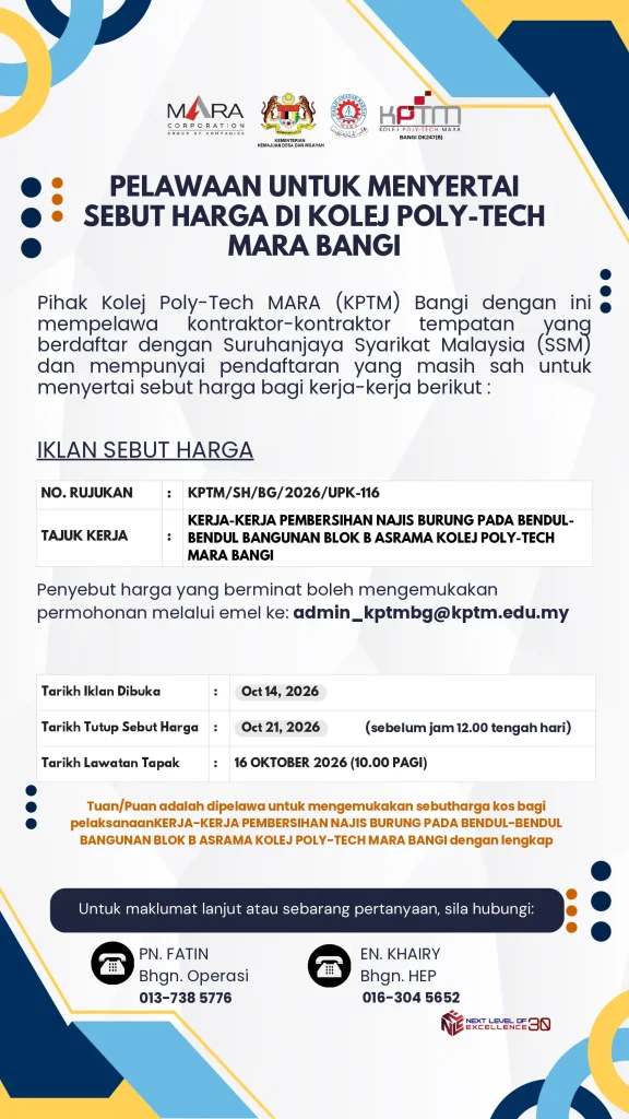 UPK-116 KERJA-KERJA PEMBERSIHAN NAJIS BURUNG PADA BENDUL-BENDUL BANGUNAN BLOK B ASRAMA KOLEJ POLY-TECH MARA BANGI